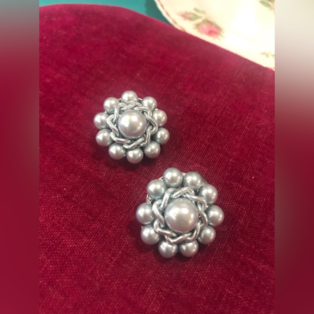 Vintage Cluster Earrings Faux Pearl Mint Green